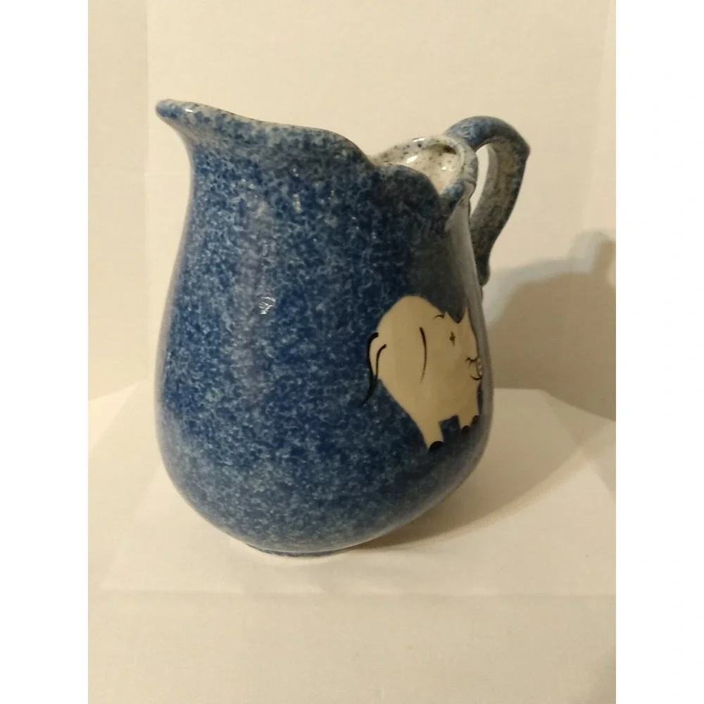 Blue Spongeware Calico China Pitcher with Pig Speckled Country Farmhouse decor